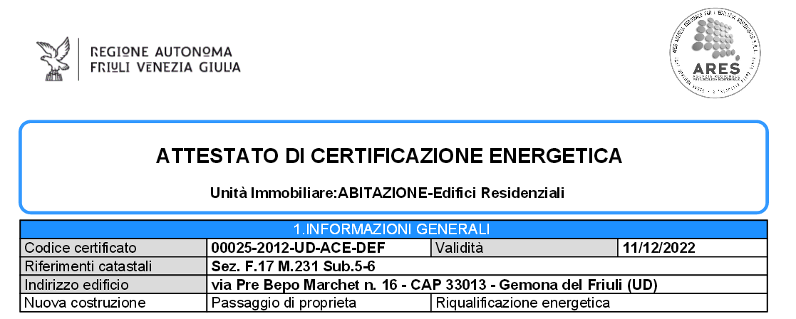 Attestato di certificazione energetica (o di prestazione energetica) generato dal