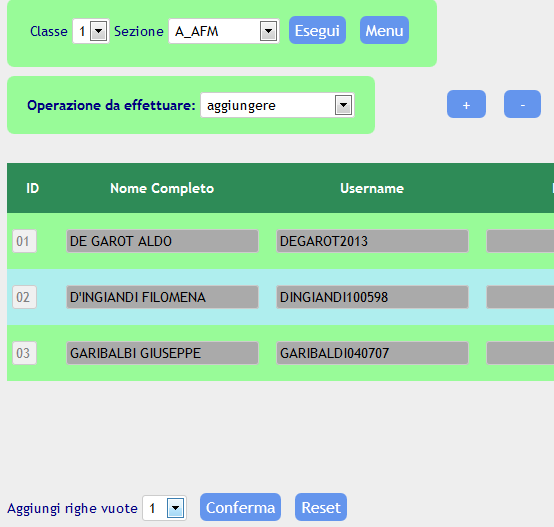 Qui si gestiscono gli alunni/classi Selezionare la classe d interesse e poi cliccare su esegui Il pulsante Ordina nomi serve ad elencare in ordine alfabetico mediante la colonna nome completo (il + e