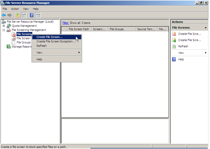 Figura 1 - Console File Server Resource Manager Nel momento in cui viene creato un nuovo File Screen si può usare un template per poter bloccare determinati tipi di file, ad esempio tutti i