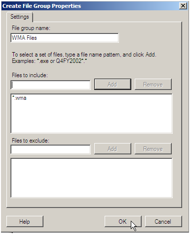 Figura 5 - Creazione di un nuovo File Group E possibile configurare i File Group sia per consentire determinati tipi di file sia per escluderli.