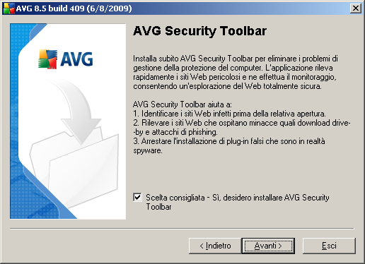 4.9. AVG Security Toolbar La finestra di dialogo AVG Security Toolbar consente di decidere se installare AVG Security Toolbar.