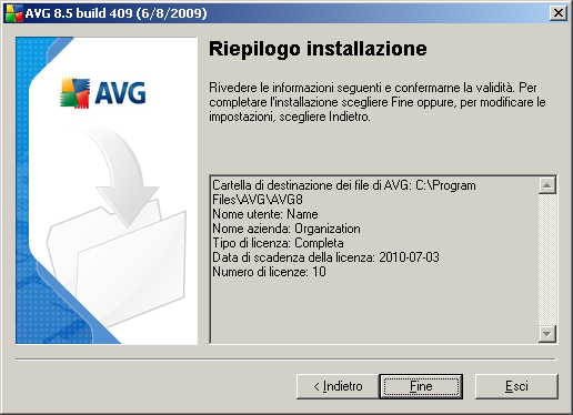 4.10. Riepilogo installazione La finestra di dialogo Riepilogo installazione fornisce una panoramica di tutti i parametri del processo di installazione.