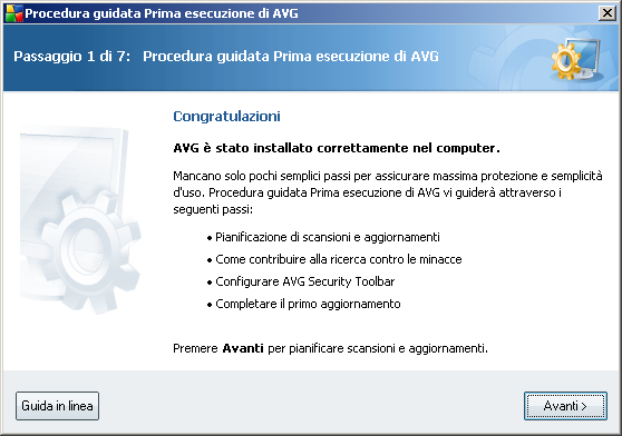 5. Procedura guidata Prima esecuzione di AVG Quando si installa per la prima volta AVG nel computer, viene visualizzata la finestra Procedura guidata Prima esecuzione di AVG per aiutare l'utente con