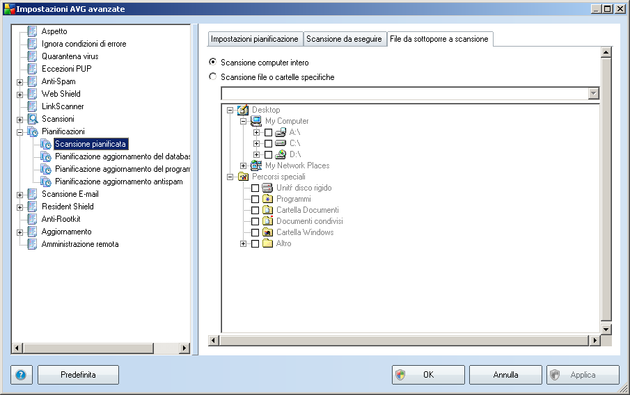 Nella scheda File da sottoporre a scansione è possibile definire se si desidera pianificare la scansione dell'intero computer o la scansione di file o cartelle specifiche.