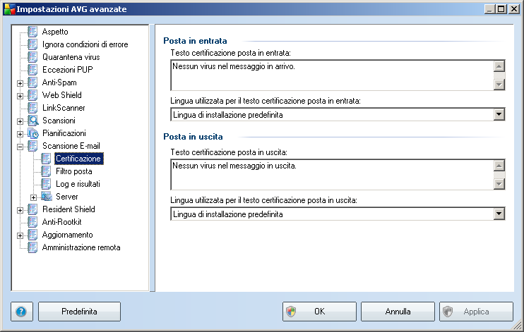 password, le macro contenenti file e/o i file con estensione nascosta rilevati come allegato del messaggio e-mail sottoposto a scansione.