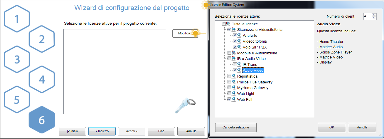 4.2. GESTIRE UN PROGETTO Figura 4.5: Step 5: creazione di utenti per le restrizioni Figura 4.6: Step 6: editor delle licenze attive nel progetto Il bottone Modifica consente di modificare le licenze.