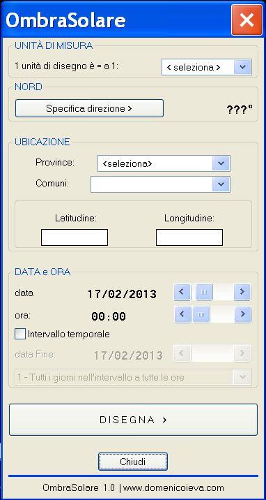 Uso di OmbraSolare OmbraSolare richiede tutti i parametri necessari al calcolo tramite una finestra di dialogo contenente una serie di controlli semplici ed intuitivi.