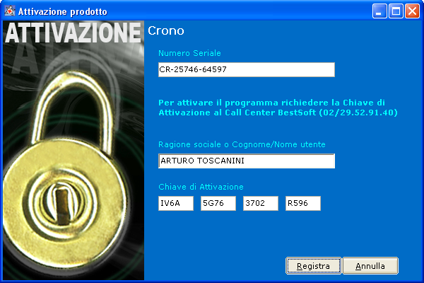 REGISTRAZIONE La prima volta che si clicca l icona CRONO comparirà la finestra di registrazione licenza del Programma.