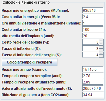 software di funzionamento In tali condizioni, il tempo di ritorno economico semplice è pari a 5.9 anni mentre quello attualizzato è di 6.4 anni.