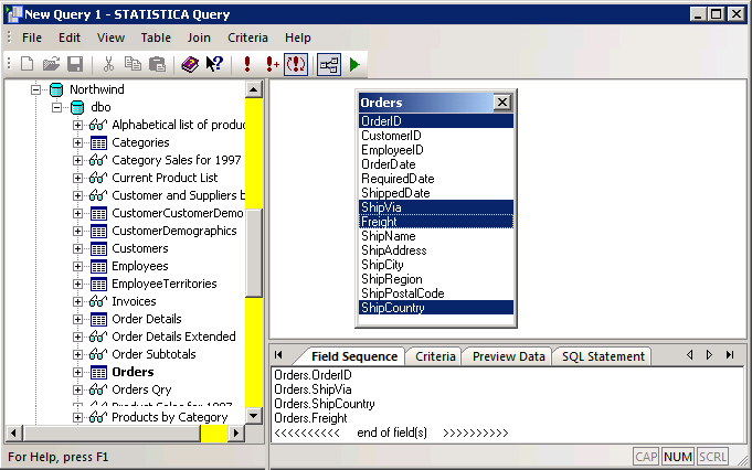 Capitolo 2: Esempi Passo-Passo Si prema il pulsante SQL Wizard per visualizzare la finestra Nuova Query, che verrà aperta in STATISTICA Si trascini la tabella Orders dal pannello di sinistra al