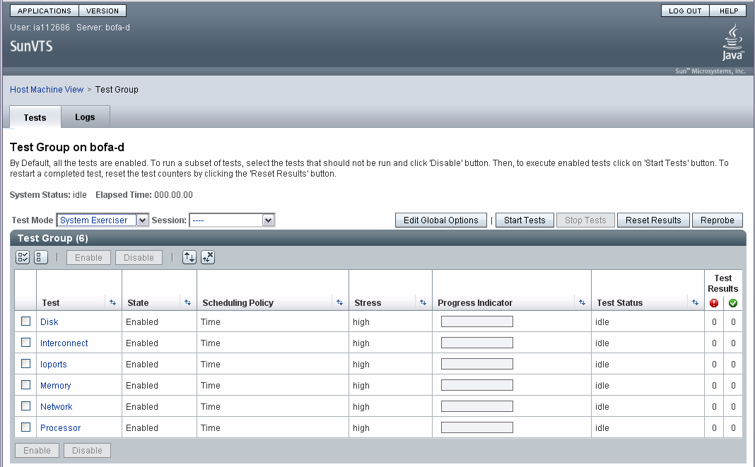 FIGURA 2-4 Ambiente browser di SunVTS (schermata Test Group) 4. (Opzionale) Selezionare le categorie di test che si desidera eseguire.