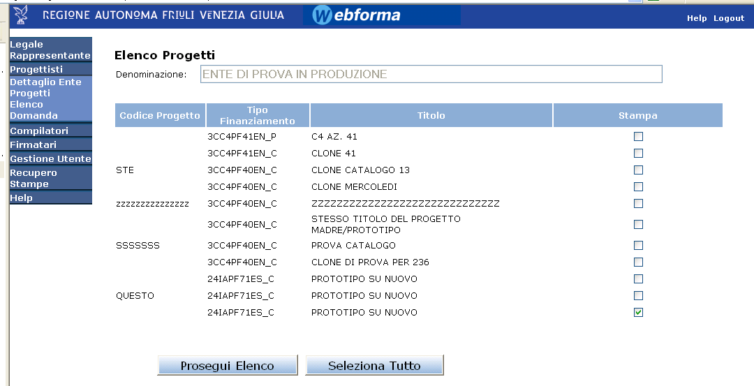 fig. 37 L'operatore può selezionare tutti i progetti dell'elenco tramite il bottone SELEZIONA TUTTO oppure procedere alla selezione dei progetti "manualmente" attivando il check "Stampa" in