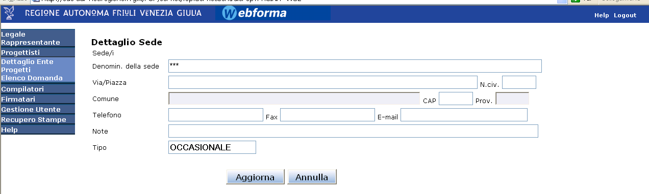 fig. 42 Selezionando AGGIUNGI SEDE SECONDARIA apparirà la schermata di cui alla fig.