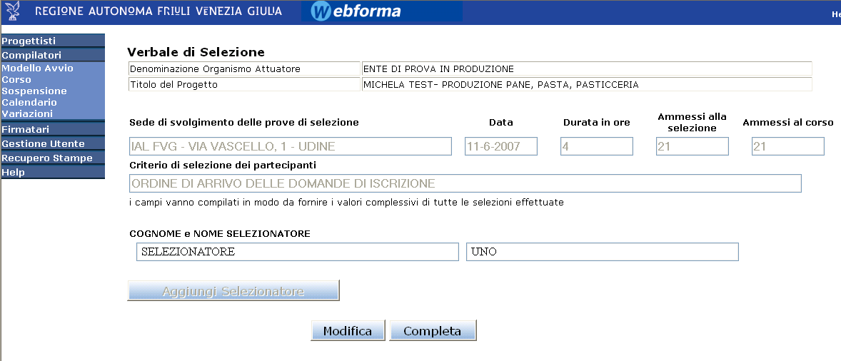 Variazione selezione Attivando dal menù Variazioni il bottone si accederà ad una schermata (fig.