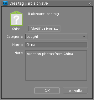 Applicazione dei tag e organizzazione delle foto 71 La finestra di dialogo Crea tag parola chiave consente di creare nuovi tag parole chiave.