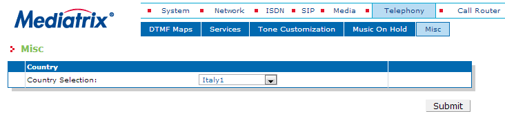 Impostazioni toni squillo [Telephony Misc] Manuale Configurazione Rapida Mediatrix serie 3600 Versione 3.