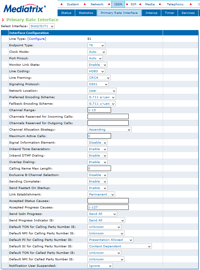 Configurazione ISDN [Menu ISDN Primary Rate Interface] Manuale Configurazione Rapida Mediatrix serie 3600 Versione 3.