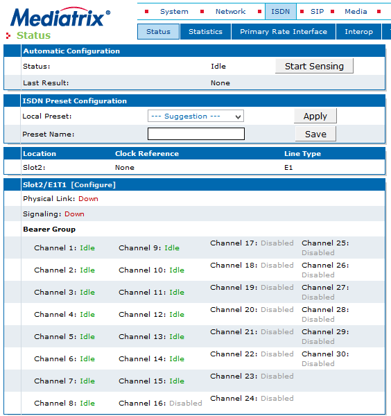 Stato ISDN [Menu ISDN Status] In questa sezione è possibile controllare lo stato delle linee ISDN, utile soprattutto nella prima installazione per controllare se la configurazione è corretta.