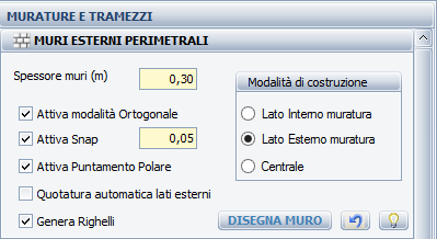 MURATURE E TRAMEZZI La sezione Murature e Tramezzi comprende due moduli per il disegno parametrico rispettivamente delle murature perimetrali e dei divisori interni.