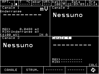 Selezionando il menu CALC si hanno le seguenti possibilità: Figura 54 Tipi di calcolo CH1 + CH2 l canale 4 visualizza la somma dei valori del Canale 1 con il Canale 2 CH1 - CH2 l canale 4 visualizza