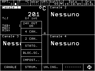 l menu CANALE, per i segnali elettrici, di temperatura e di pressione, ha il seguente sotto menu: Figura 62 Visualizzazione menu Canale per ingresso pressione Sono aggiunti due sotto menu AUM.DEC.