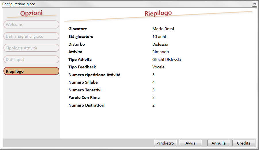 1.4. Riepilogo La schermata di riepilogo, consente di visualizzare tutti i parametri inseriti, è possibile quindi modificarli in caso di