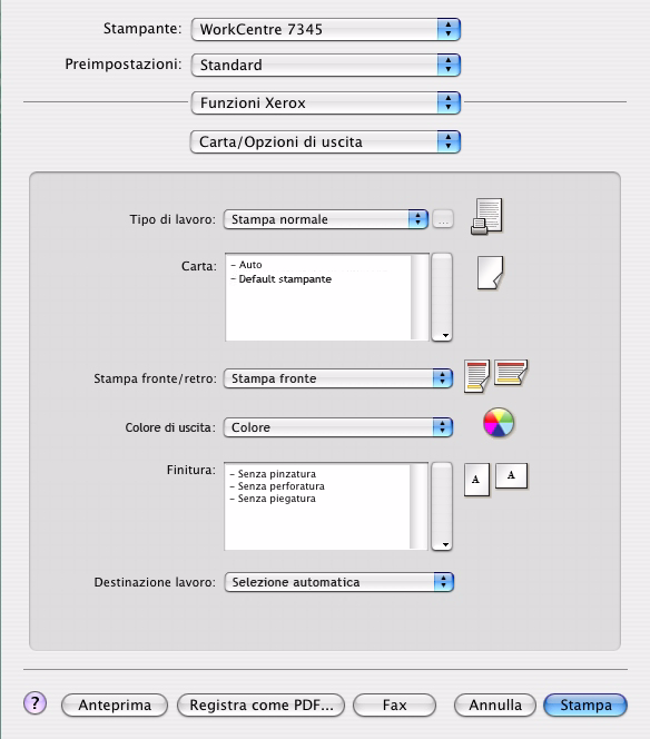 Funzioni personalizzate del driver Le funzioni del driver di stampa per OS X sono accessibili dal menu a discesa Funzioni Xerox.