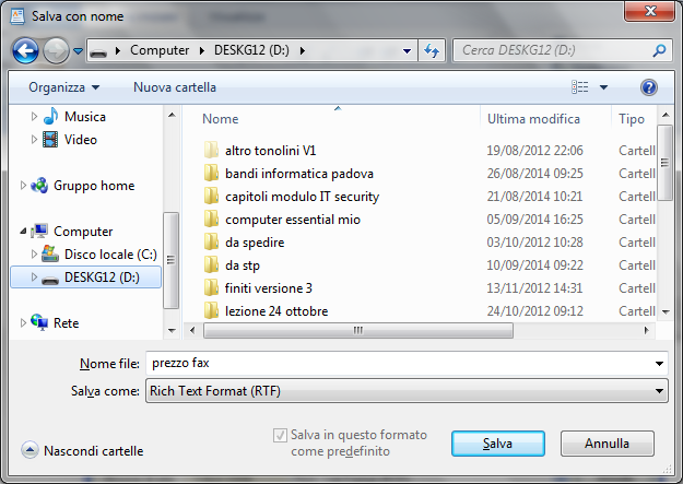 Modulo 1 - Nuova ECDL Nella casella Salva in appare il nome della chiavetta. Per completare l operazione di salvataggio basta fare clic sul pulsante Salva.