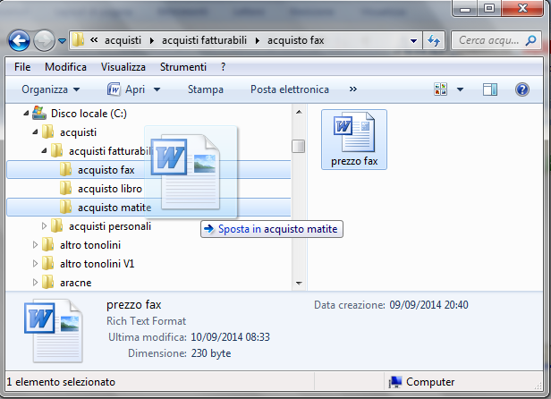 Modulo 1 - Nuova ECDL G. Pettarin - Computer Essential Consideriamo di voler spostare il file prezzo fax dalla cartella acquisto fax alla cartella acquisto matite.