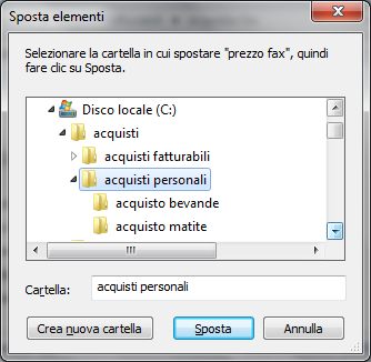 Modulo 1 - Nuova ECDL Adesso è evidenziata la cartella acquisti personali dove si vuole spostare il file prezzo matite. Per completare lo spostamento premere il pulsante Sposta.