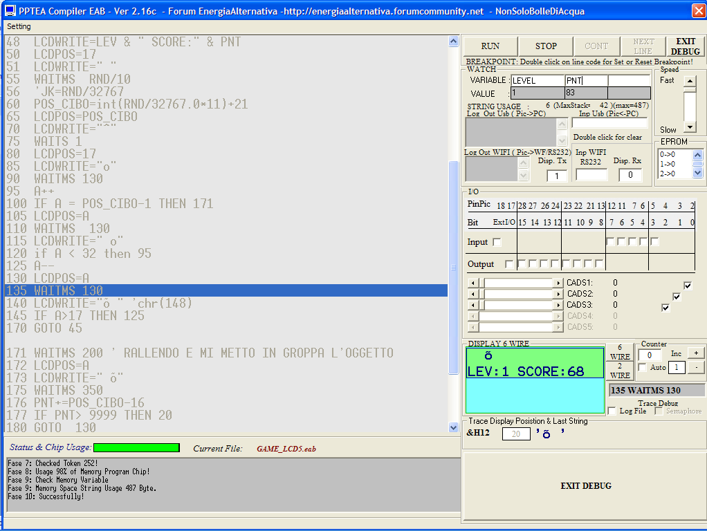 DEBUGGER DEL PPTEA Il compilatore del PPTEA ha la possibilità di effettuare una emulazione del codice scritto mediante l opzione di Debug ( presente nelle opzioni del menù visibile).