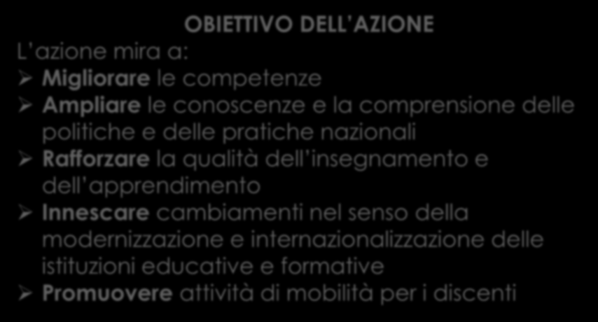 KA 1: Mobilità per l apprendimento individuale OBIETTIVO DELL AZIONE L azione mira a: Migliorare le competenze Ampliare le conoscenze e la comprensione delle politiche e delle pratiche nazionali