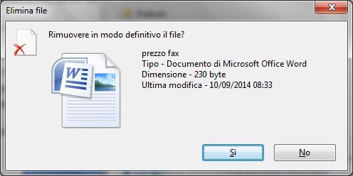 Aprite la finestra del Cestino. Cancellate (nuovamente) il file dal Cestino. Appare il seguente messaggio di conferma.