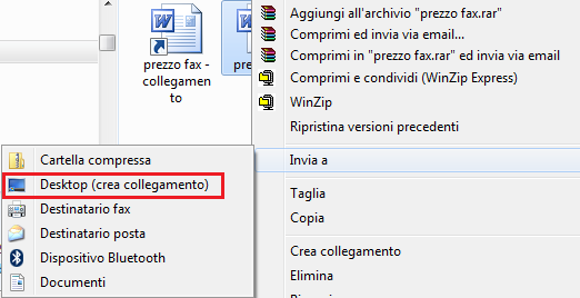 Scegliete la voce Invia a e successivamente Desktop (crea collegamento). Chiudete la finestra della cartella acquisto fax (pulsante ), in modo da visualizzare il Desktop.