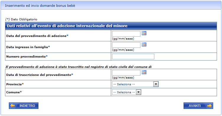 5.3.11 Dati relativi all evento di Adozione internazionale Questa pagina viene mostrata nel caso in cui il richiedente abbia dichiarato che il motivo della presentazione della domanda è un evento di