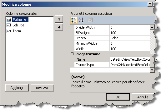 10. Nella finestra Modifica colonne rimuovere tutte le colonne ad eccezione delle tre riportate di seguito.