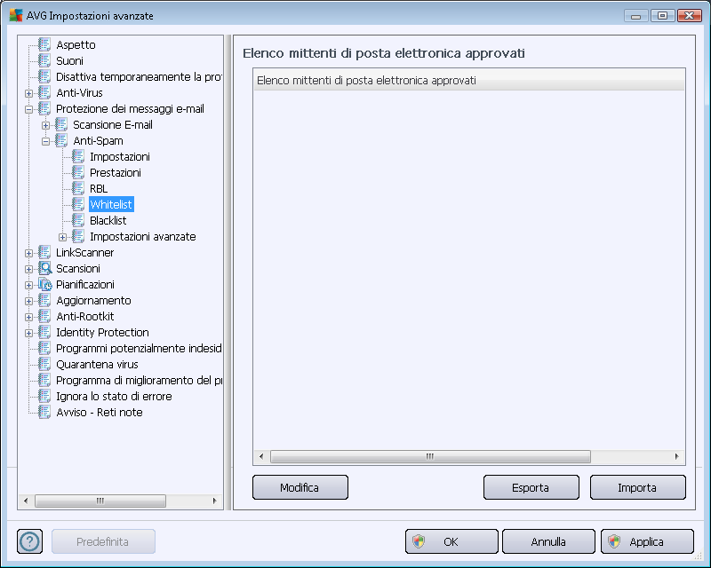 La voce Whitelist consente di aprire la finestra di dialogo Elenco mittenti di posta elettronica approvati con un elenco globale di nomi di dominio e indirizzi e-mail approvati i cui messaggi non