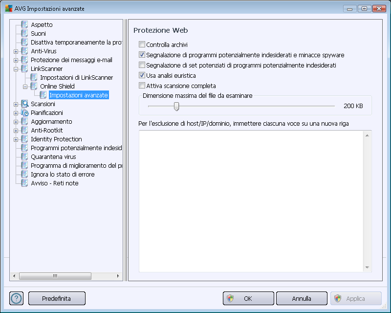 La finestra di dialogo Protezione Web consente di modificare la configurazione del componente relativamente alla scansione del contenuto di siti Web.