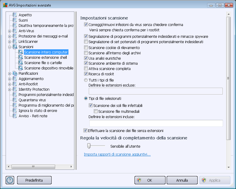 10.7.1. Scansione intero computer L'opzione Scansione intero computer consente di modificare i parametri di una delle scansioni predefinite dal fornitore del software, ossia Scansione intero