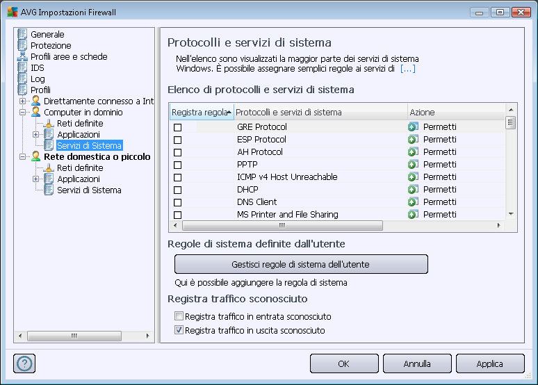 Elenco di protocolli e servizi di sistema Il grafico presenta le seguenti colonne: Registra azione regola: questa casella consente di attivare la registrazione di ciascuna applicazione della regola