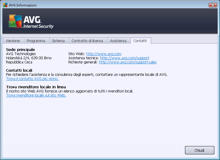 La scheda Contatti fornisce un elenco di tutti i contatti di AVG Technologies, nonché dei contatti di rappresentanti e rivenditori AVG locali: 5.2.