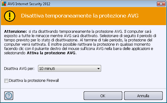 Nella finestra di dialogo Disattiva temporaneamente la protezione di AVG aperta, specificare per quanto tempo si desidera disattivare AVG Internet Security 2012.