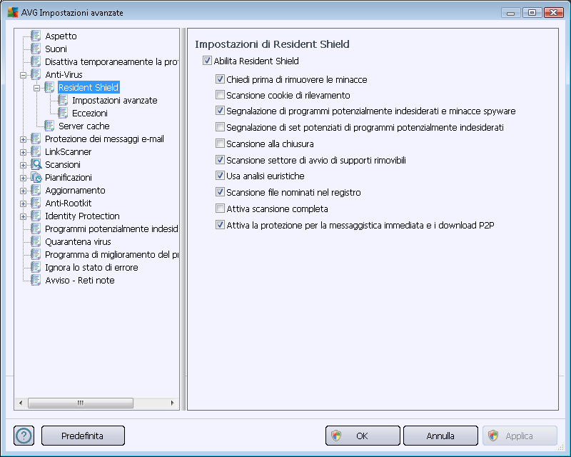 10.4.1. Resident Shield Resident Shield fornisce la protezione attiva di file e cartelle contro virus, spyware e altro malware.