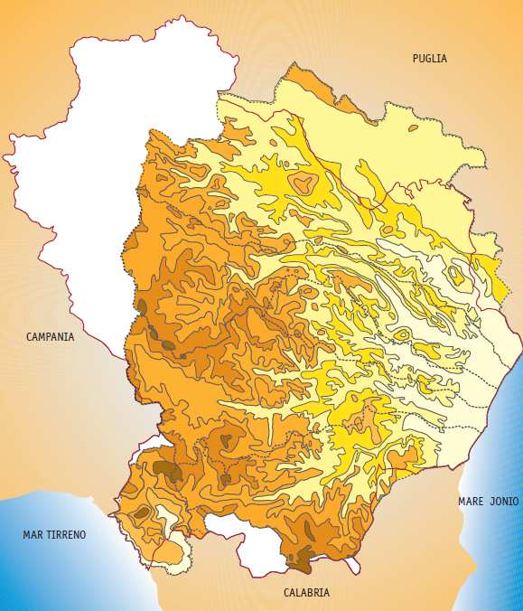 La morfologia del settore occidentale e meridionale dell AdB varia da montuosa ad alto collinare con quote variabili tra i 700-2000 m s.l.m, raggiungendo le massime altitudini in corrispondenza dei Monti del Pollino (oltre 2,200 m), dei Monti del Sirino (2000 m) e di Monte Alpi (1900 m).