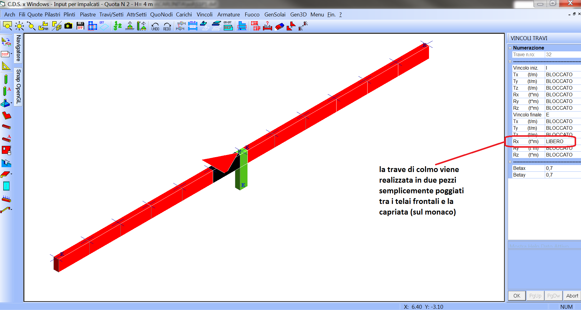 Capriata: trattandosi di struttura reticolare 2d si opta per delle semplici cerniere attorno all' asse x della sezione.