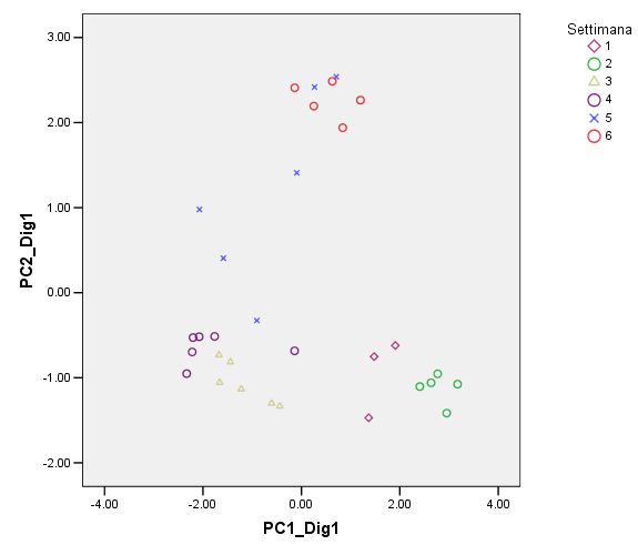 27 Figura 18: proiezione delle variabili considerate per il digestore 1 ( loading plot ) nel piano identificato dalle prime due componenti principali.