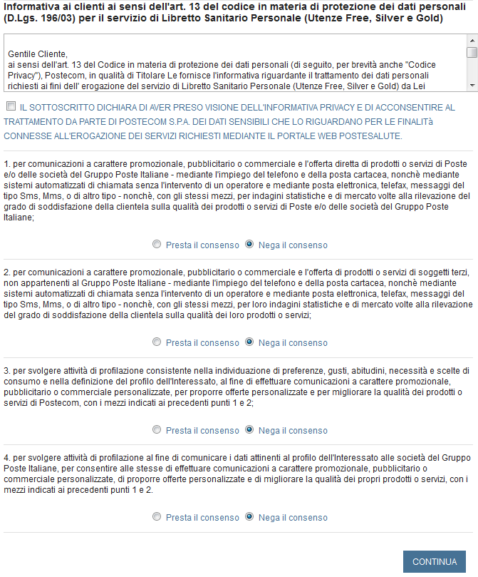 e per prendere visione dell'informativa Privacy di Postecom S.p.A.