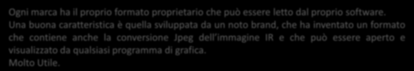 Formato file radiometrico Ogni marca ha il proprio formato proprietario che può essere letto dal proprio software.