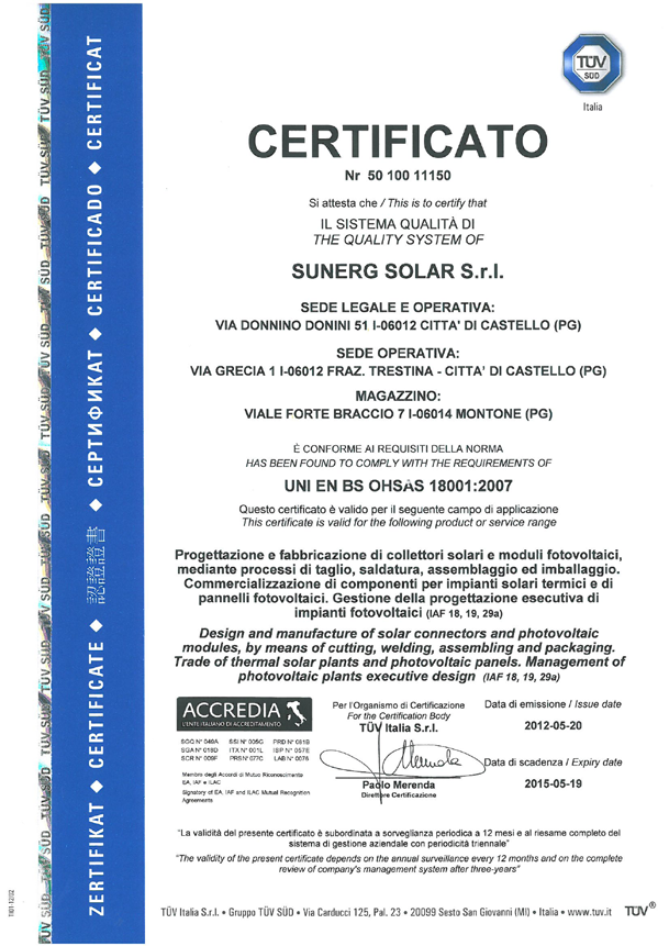 norma EN 61730 Certificato di sistema ISO 14001 Factory Inspection per V conto Energia Certificato