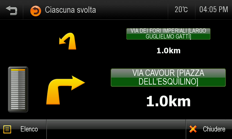 Ciascuna svolta (TBT) La schermata Ciascuna svolta offre una modalità di guida semplificata. Per accedere a questa schermata, fai tap su [Menù] > [Il mio percorso] > [Ciascuna svolta].